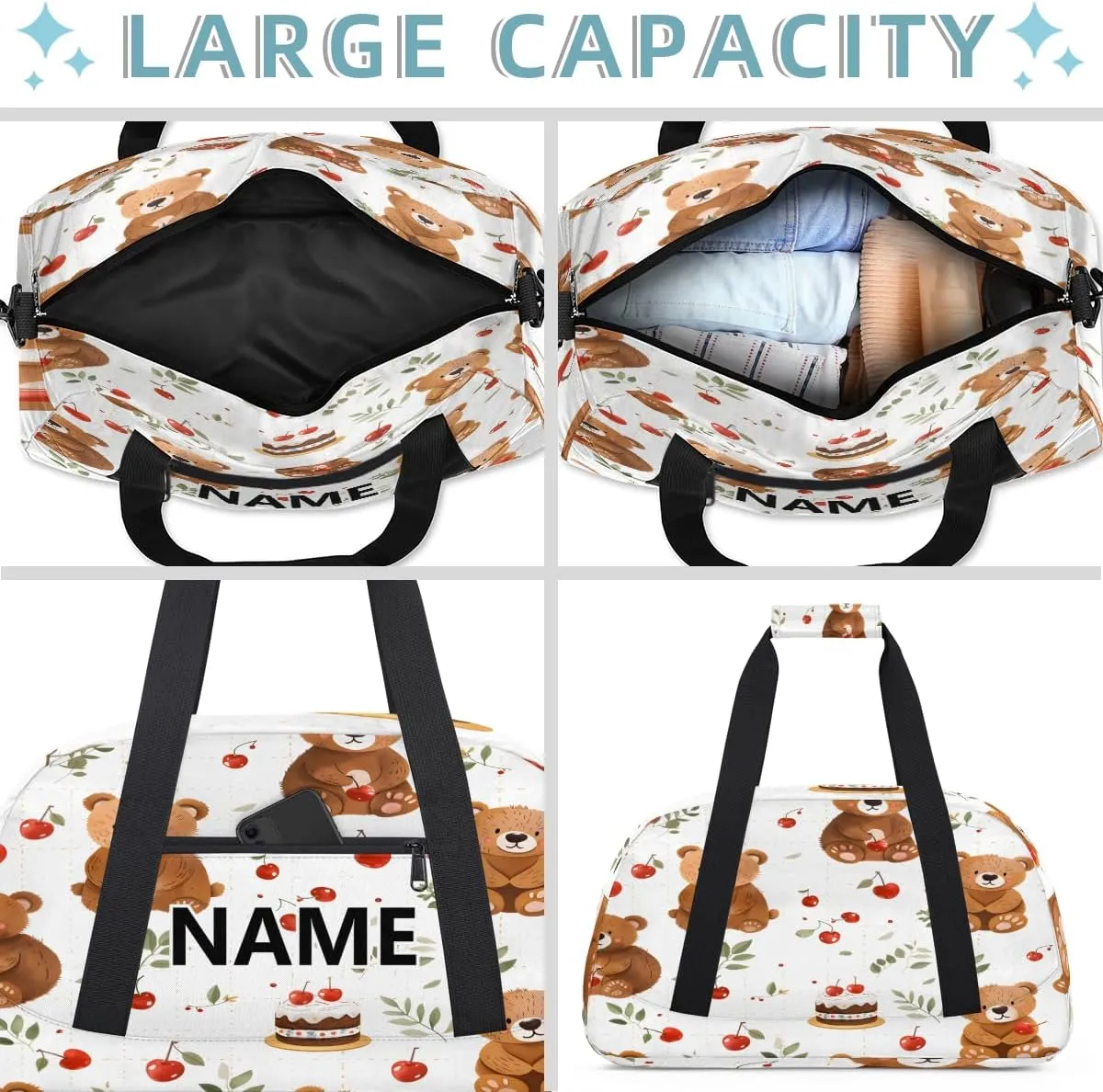 Bear Brown Mini Gym Bag 18 inch for Women Men Waterproof Custom Bear Cherry Travel Duffel Bag Carry On Overnight Tote Nurse Bag for Work Fitness Hiking
