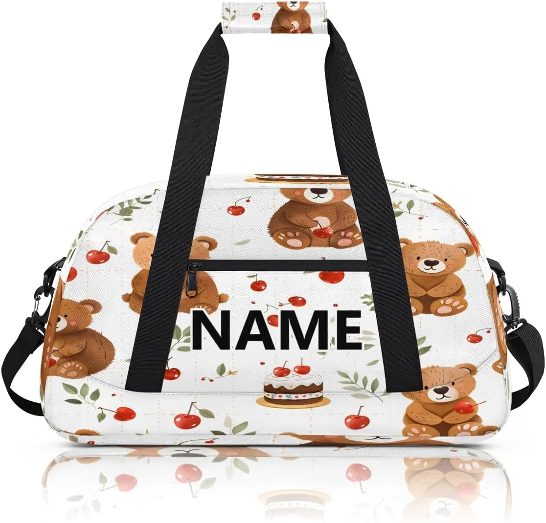 Bear Brown Mini Gym Bag 18 inch for Women Men Waterproof Custom Bear Cherry Travel Duffel Bag Carry On Overnight Tote Nurse Bag for Work Fitness Hiking