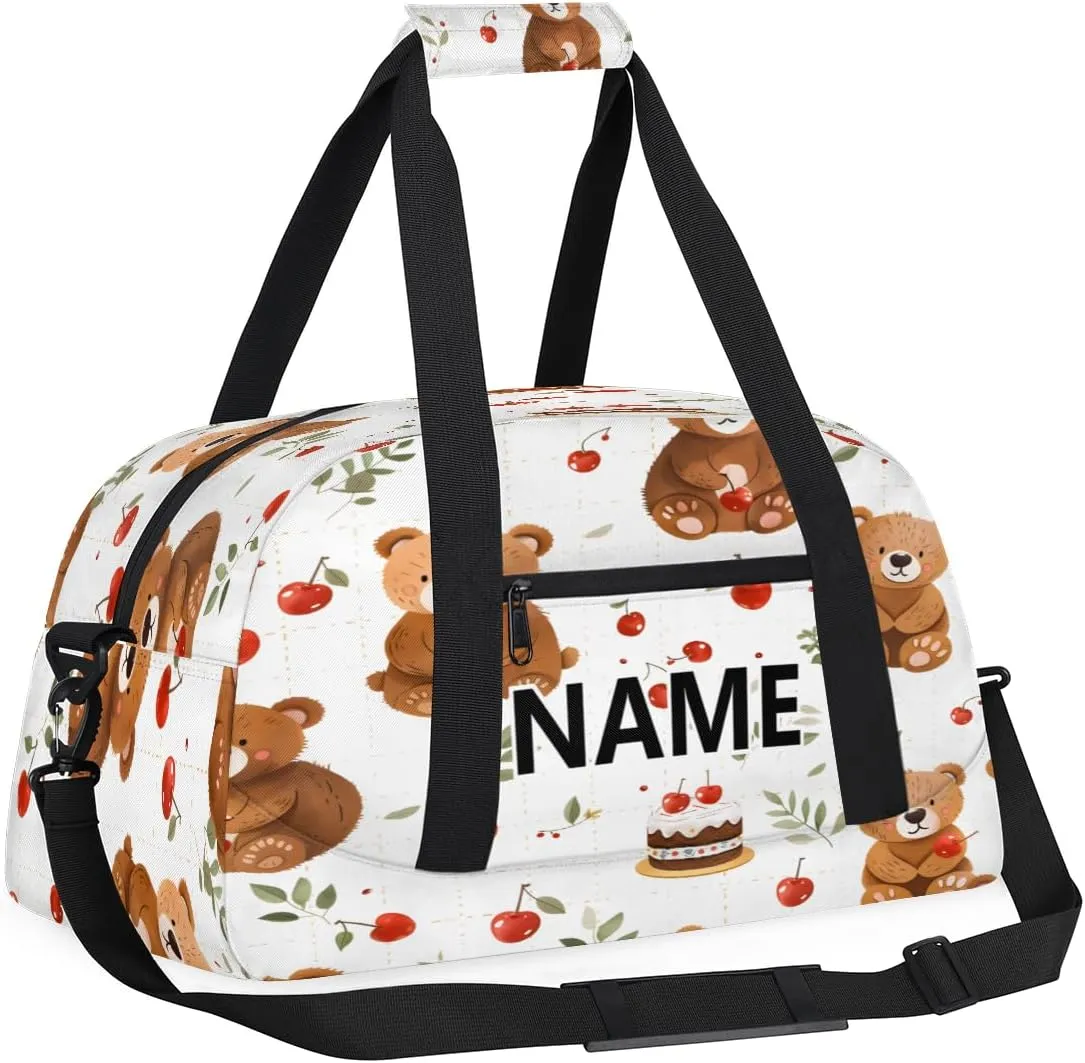 Bear Brown Mini Gym Bag 18 inch for Women Men Waterproof Custom Bear Cherry Travel Duffel Bag Carry On Overnight Tote Nurse Bag for Work Fitness Hiking