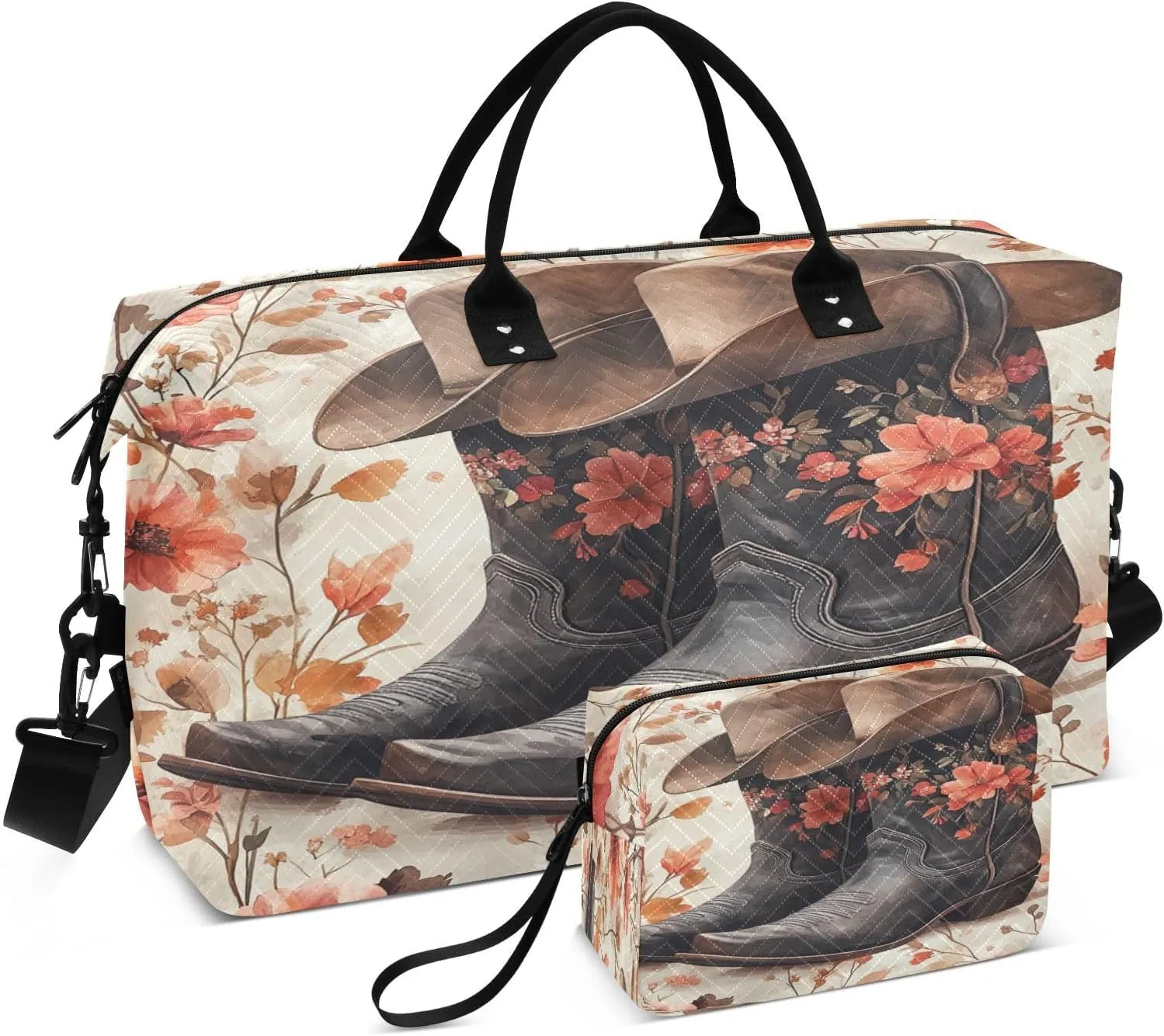 Beautiful Western Cowboy Boots Travel Duffel Bags 2PCS,Sports Duffel Bags for Men Women,Weekender Overnight Bag Gym Tote Bag with Toiletry Bag