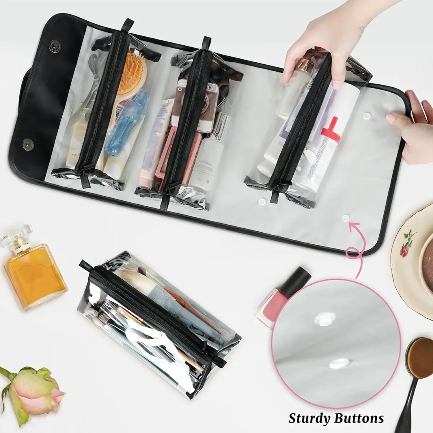 Bees Floral Patterns Toiletry Bag Water Proof Travel Makeup Case Large Capacity 4 in 1 Foldable Cosmetics Storage for Women Men Removable Zipper Clear PVC Pockets
