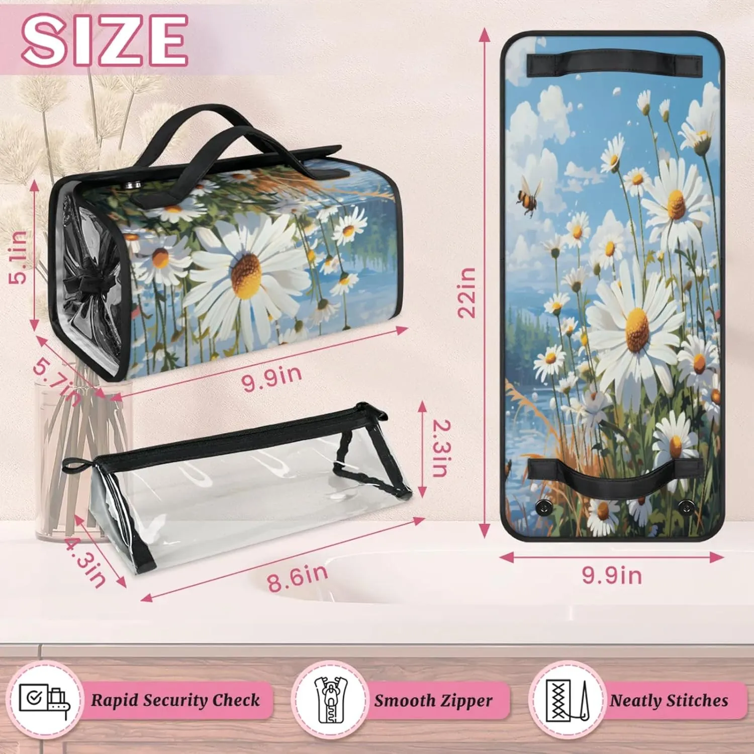 Bees Floral Patterns Toiletry Bag Water Proof Travel Makeup Case Large Capacity 4 in 1 Foldable Cosmetics Storage for Women Men Removable Zipper Clear PVC Pockets