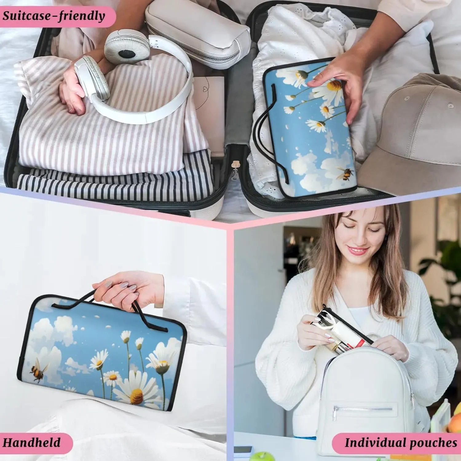 Bees Floral Patterns Toiletry Bag Water Proof Travel Makeup Case Large Capacity 4 in 1 Foldable Cosmetics Storage for Women Men Removable Zipper Clear PVC Pockets