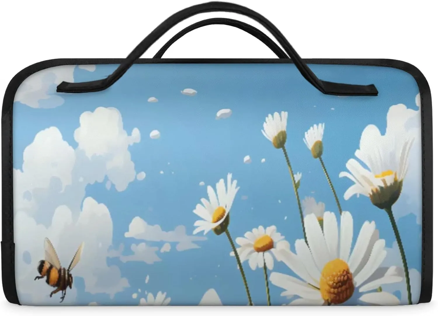 Bees Floral Patterns Toiletry Bag Water Proof Travel Makeup Case Large Capacity 4 in 1 Foldable Cosmetics Storage for Women Men Removable Zipper Clear PVC Pockets
