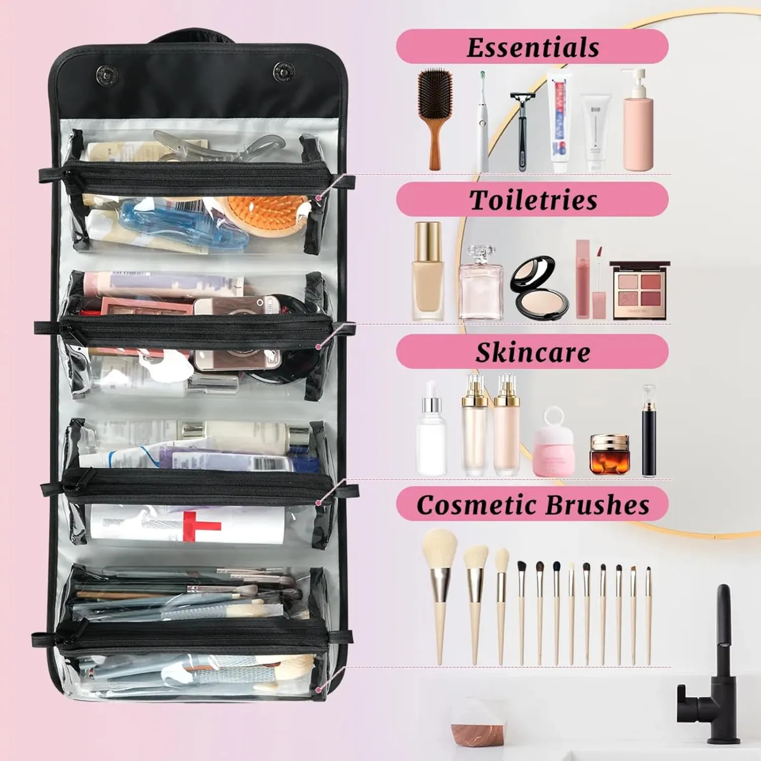Bees Floral Patterns Toiletry Bag Water Proof Travel Makeup Case Large Capacity 4 in 1 Foldable Cosmetics Storage for Women Men Removable Zipper Clear PVC Pockets