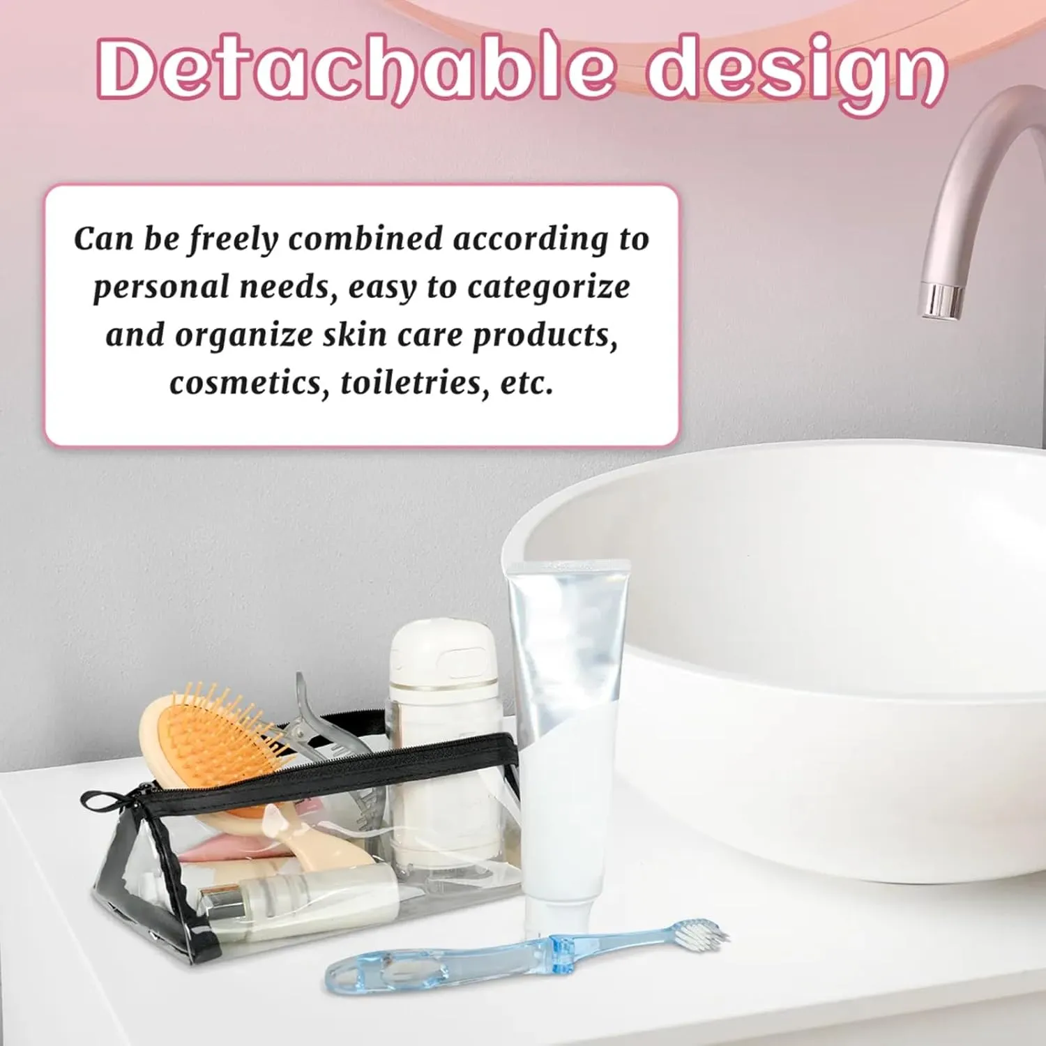 Bees Floral Patterns Toiletry Bag Water Proof Travel Makeup Case Large Capacity 4 in 1 Foldable Cosmetics Storage for Women Men Removable Zipper Clear PVC Pockets