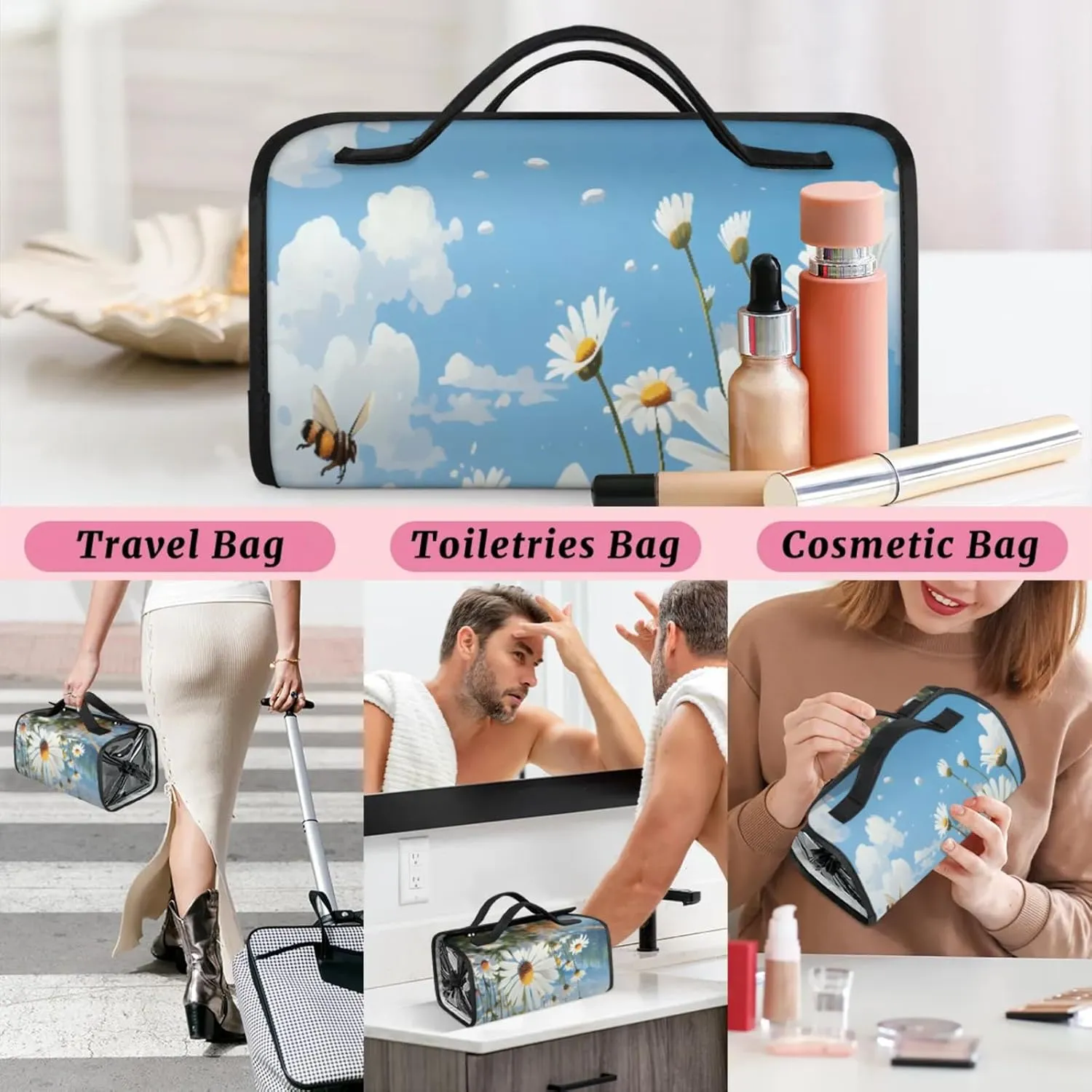 Bees Floral Patterns Toiletry Bag Water Proof Travel Makeup Case Large Capacity 4 in 1 Foldable Cosmetics Storage for Women Men Removable Zipper Clear PVC Pockets