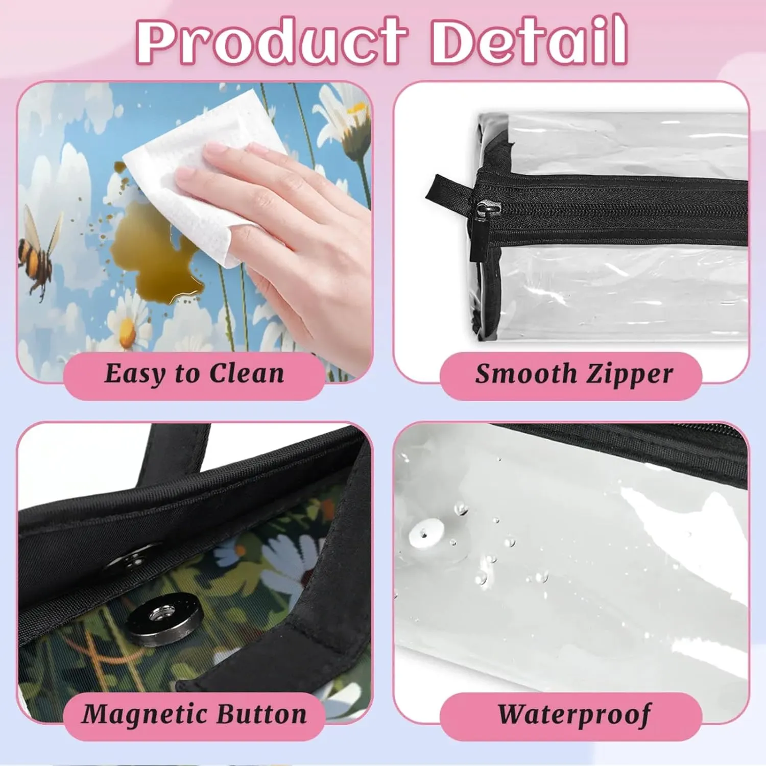 Bees Floral Patterns Toiletry Bag Water Proof Travel Makeup Case Large Capacity 4 in 1 Foldable Cosmetics Storage for Women Men Removable Zipper Clear PVC Pockets