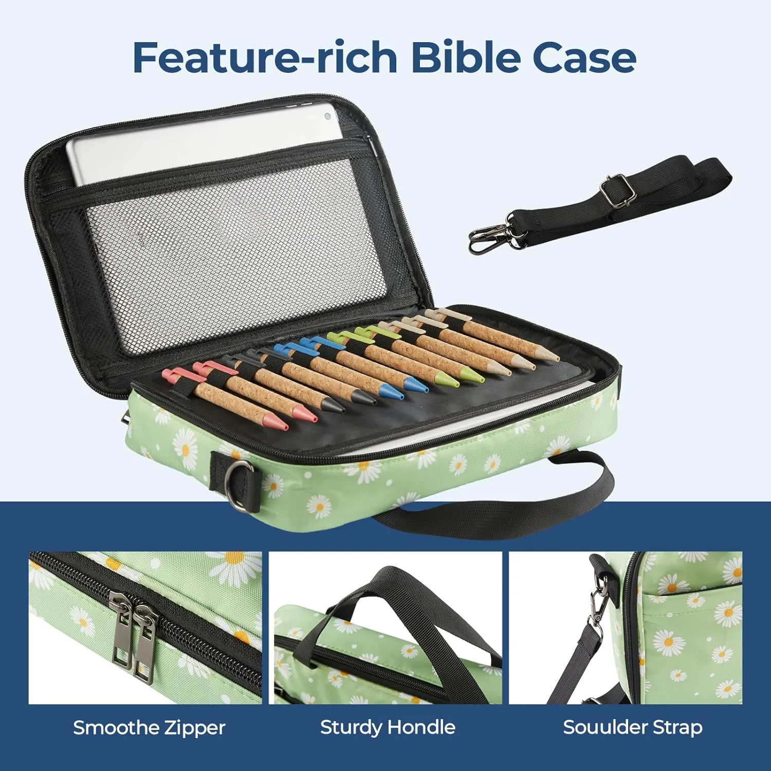 Bible Cover for Women, Printed Bible Case with Zipper Pocket and Shoulder Strap, Lager Bible Carrying Bag Protective with Handle, Bible Holder Gift Girls and Boys(Green Floral)