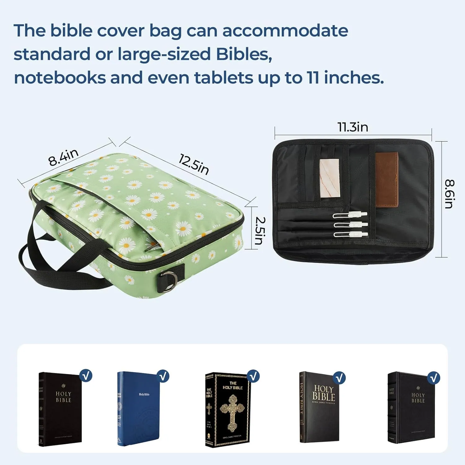 Bible Cover for Women, Printed Bible Case with Zipper Pocket and Shoulder Strap, Lager Bible Carrying Bag Protective with Handle, Bible Holder Gift Girls and Boys(Green Floral)