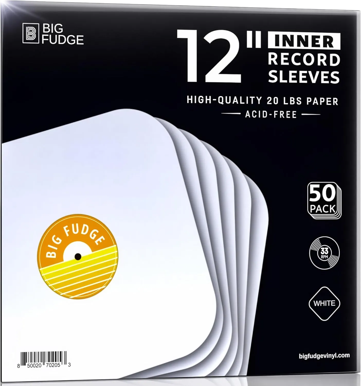 Big Fudge 50x Vinyl Record Inner Sleeves - Round Corners for 12" Records - Vinyl Record Sleeves in Heavyweight & Acid Free Paper - Protective LP Album Cover - White
