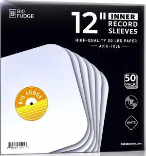 Big Fudge 50x Vinyl Record Inner Sleeves - Round Corners for 12" Records - Vinyl Record Sleeves in Heavyweight & Acid Free Paper - Protective LP Album Cover - White