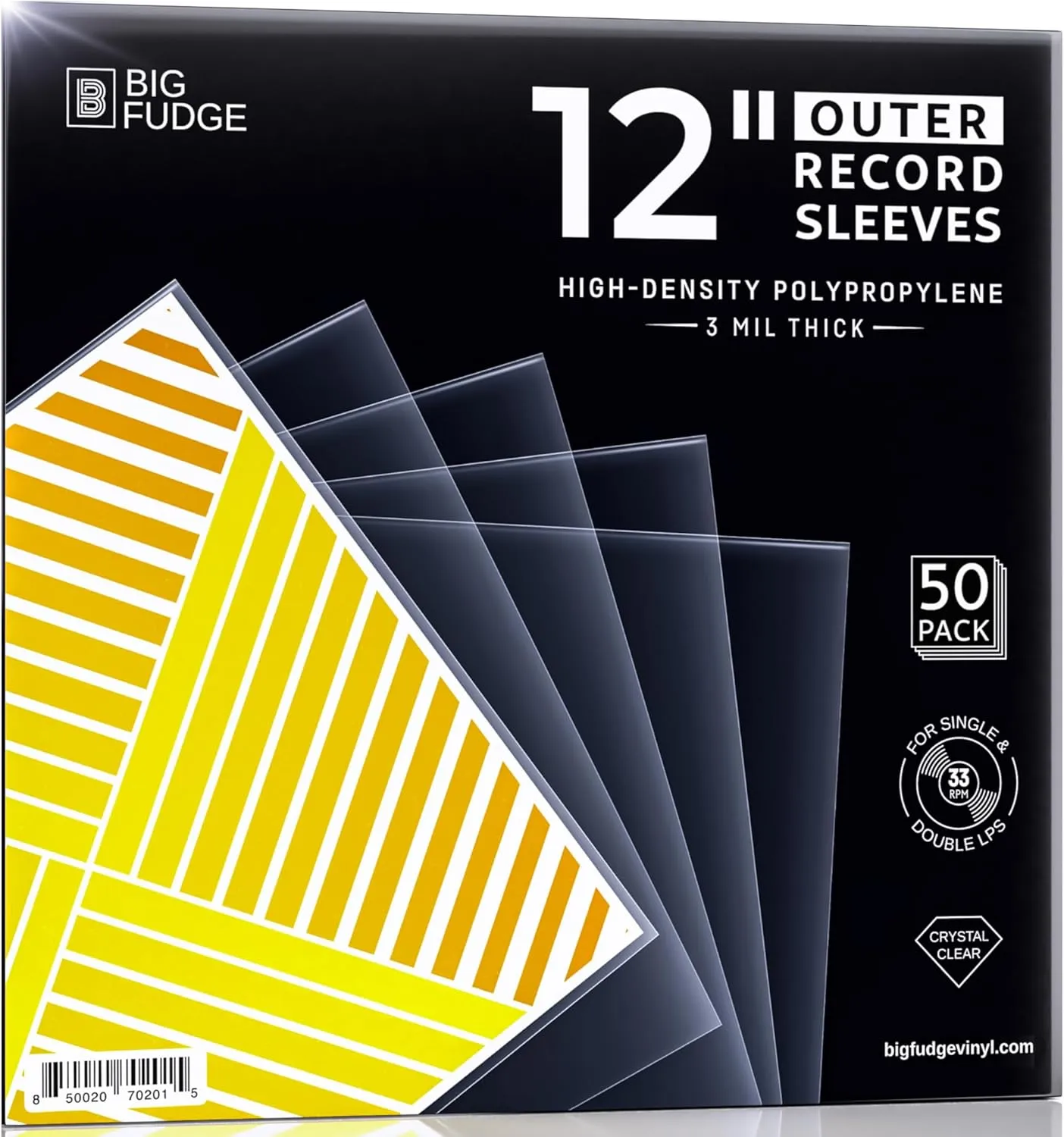 BIG FUDGE 50x Vinyl Record Sleeves 12" LP | Durable & Wrinkle-Free Outer Sleeves | Crystal Clear & High-Density Polypropylene | 3 mil Thick, 12.75” x 12.75” | Fits Most Gatefolds and Double LPs