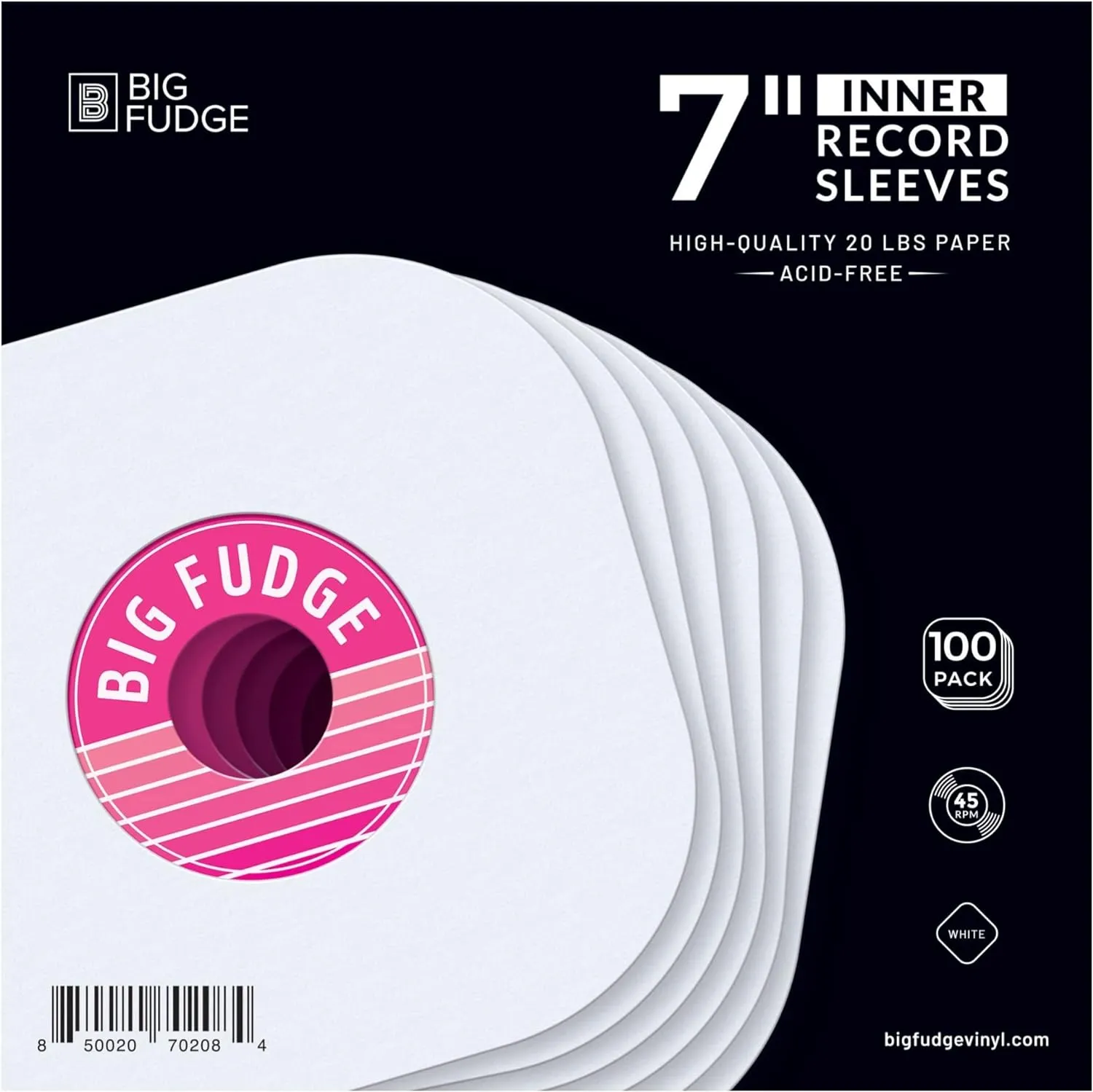 BIG FUDGE Vinyl Record Inner Sleeves 100x | Made from Heavyweight & Acid Free Paper | Album Covers with Round Corners for Easy Insert | Slim Record Jackets to Protect Your LPs & Singles | 7"