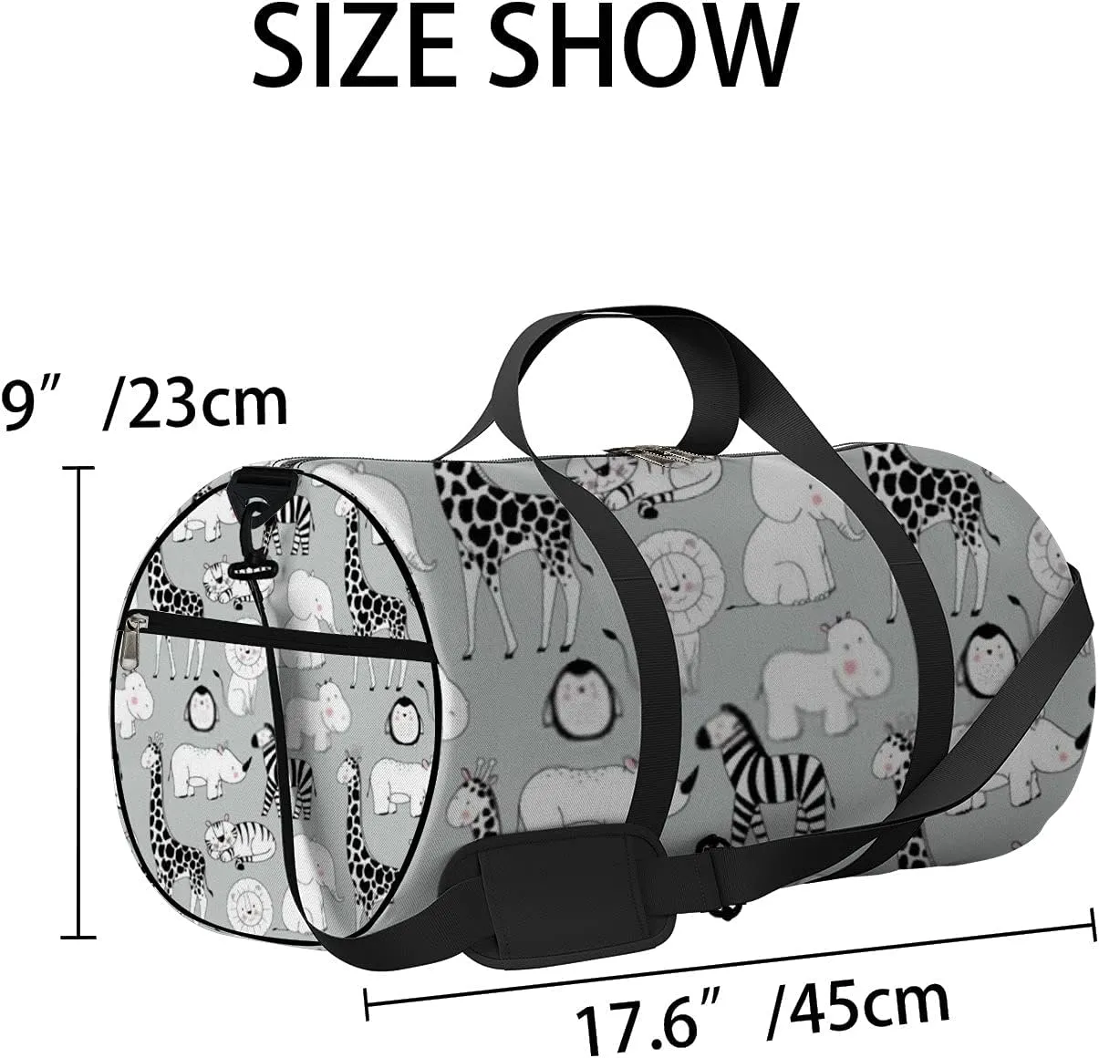 Black and White Kawaii Cute Cartoon African Animals Sports Bag Tote Bag Waterproof Gym Bag with Shoulder Strap Zipper 2 Side Pockets for Men and Women, Travel and Storage Shoulder Bag.