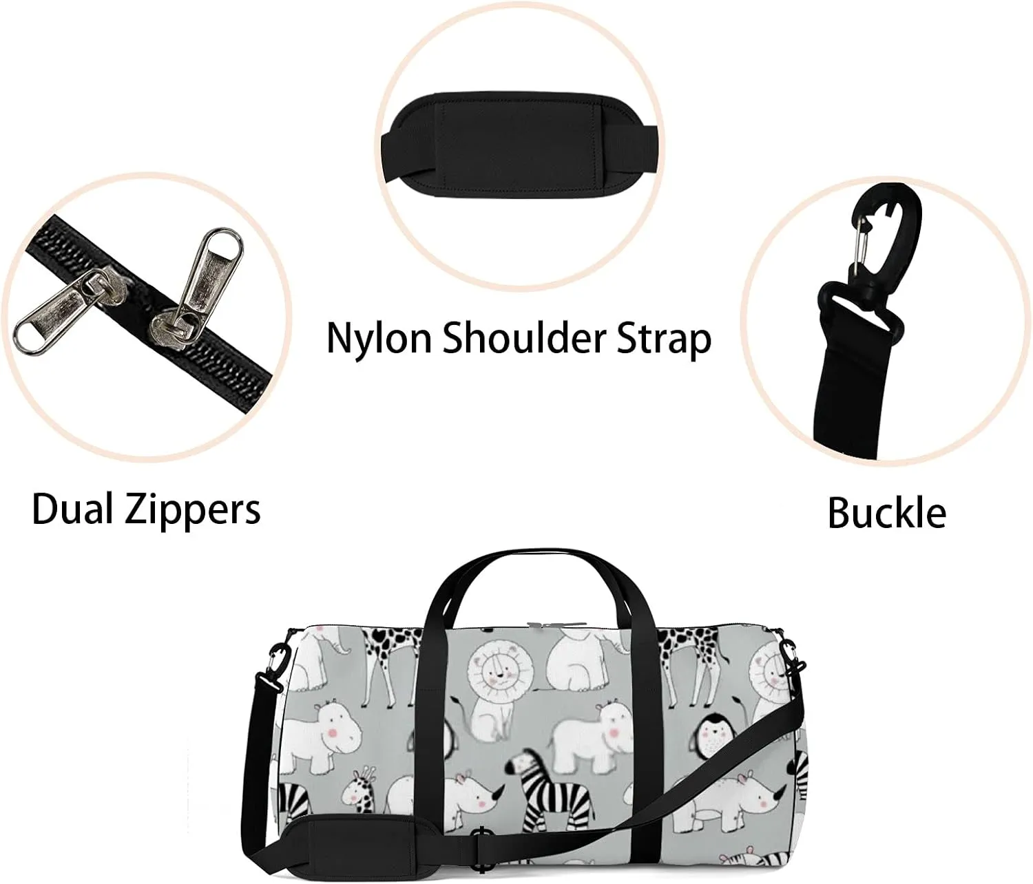 Black and White Kawaii Cute Cartoon African Animals Sports Bag Tote Bag Waterproof Gym Bag with Shoulder Strap Zipper 2 Side Pockets for Men and Women, Travel and Storage Shoulder Bag.