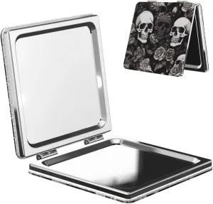 Black Floral Skull Printed Square Pocket Makeup Mirror with 1X/2X Magnification, Portable Mini Travel Makeup Mirror for Travel Daily Work Beauty