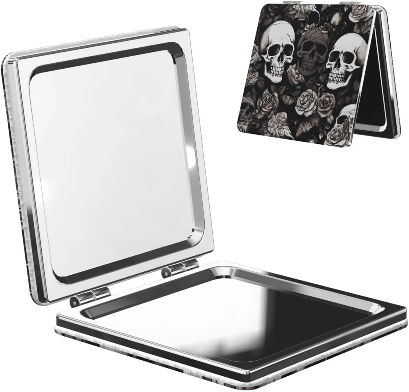 Black Floral Skull Printed Square Pocket Makeup Mirror with 1X/2X Magnification, Portable Mini Travel Makeup Mirror for Travel Daily Work Beauty