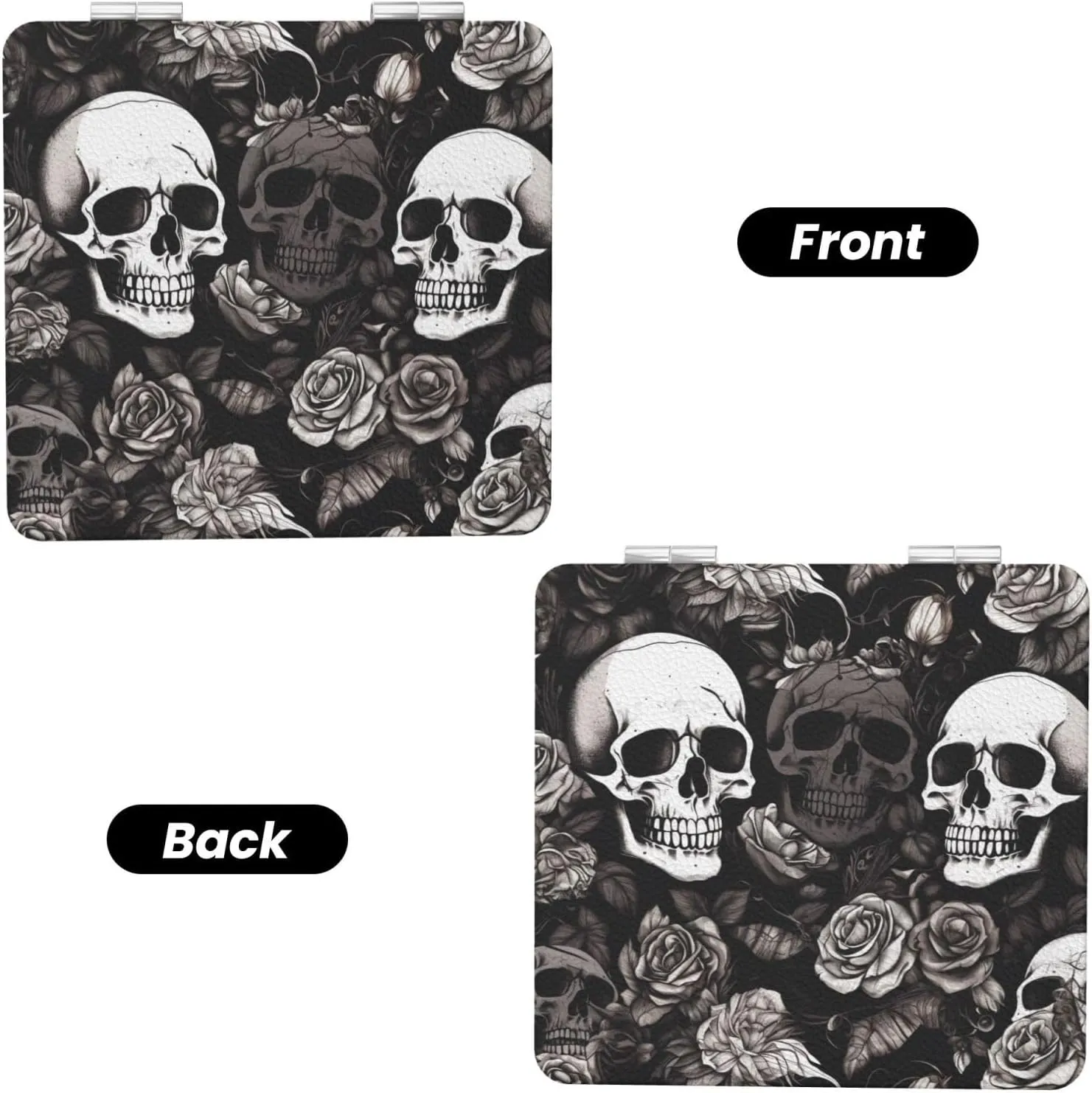 Black Floral Skull Printed Square Pocket Makeup Mirror with 1X/2X Magnification, Portable Mini Travel Makeup Mirror for Travel Daily Work Beauty