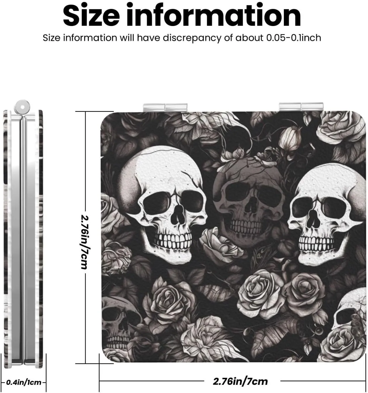 Black Floral Skull Printed Square Pocket Makeup Mirror with 1X/2X Magnification, Portable Mini Travel Makeup Mirror for Travel Daily Work Beauty