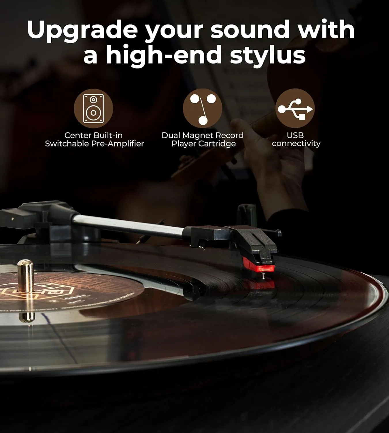 Black Record Player with Dual Stereo Bookshelf Speakers, Turntable for Vinyl Records with Wireless Playback Belt Drive 3-Speed Playback Record Player Support RCA Out Auto Stop, Vangoa
