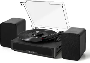 Black Record Player with Dual Stereo Bookshelf Speakers, Turntable for Vinyl Records with Wireless Playback Belt Drive 3-Speed Playback Record Player Support RCA Out Auto Stop, Vangoa