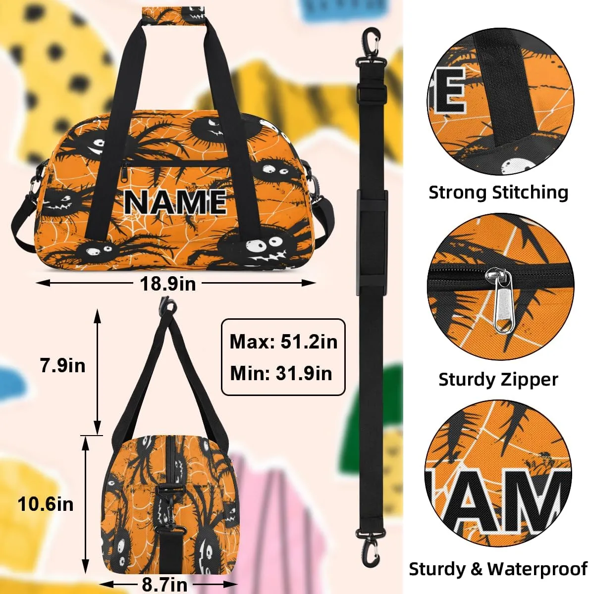 Black Spiders Mini Gym Bag 18 inch for Women Men Waterproof Custom Spiders Halloween Travel Duffel Bag Carry On Overnight Tote Nurse Bag for Work Fitness Hiking
