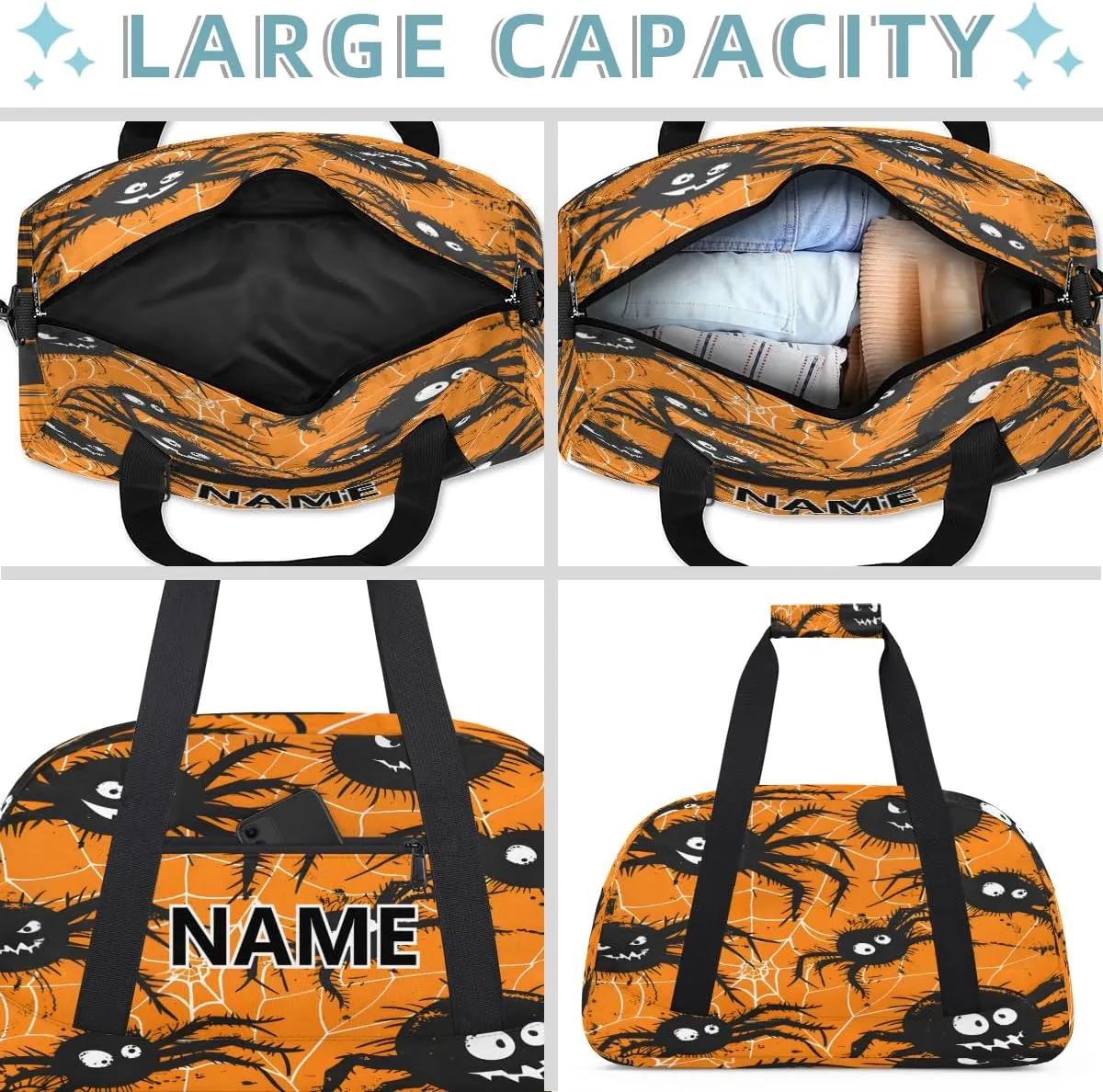 Black Spiders Mini Gym Bag 18 inch for Women Men Waterproof Custom Spiders Halloween Travel Duffel Bag Carry On Overnight Tote Nurse Bag for Work Fitness Hiking