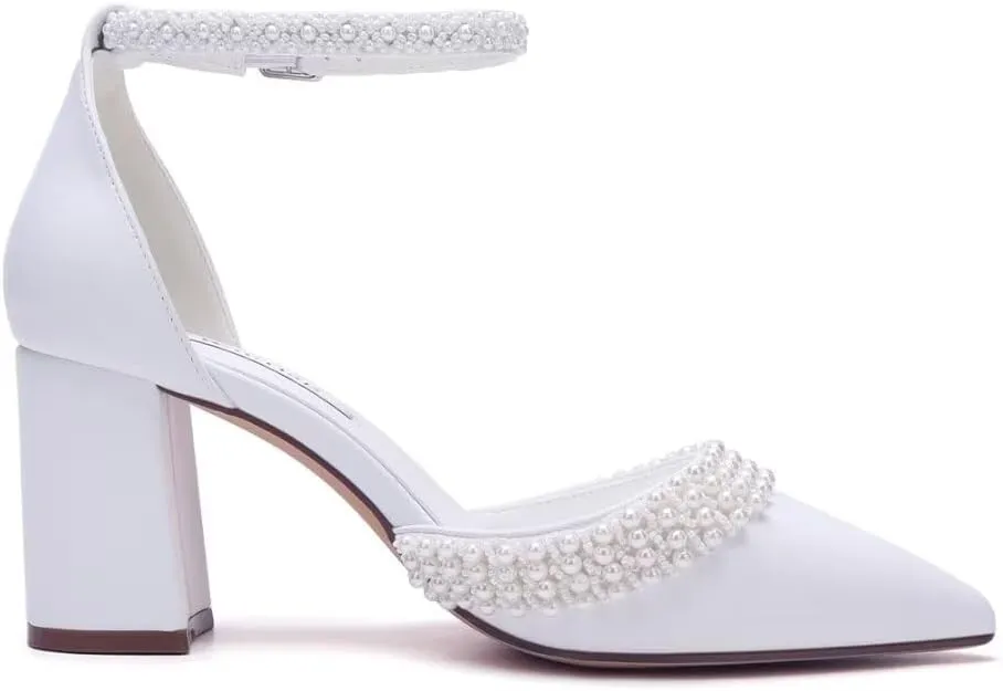 Block Heel Wedding Shoes for Bride Pointed Toe Pearl Heels Ankle Strap Wedding Heels Bridal Shoes