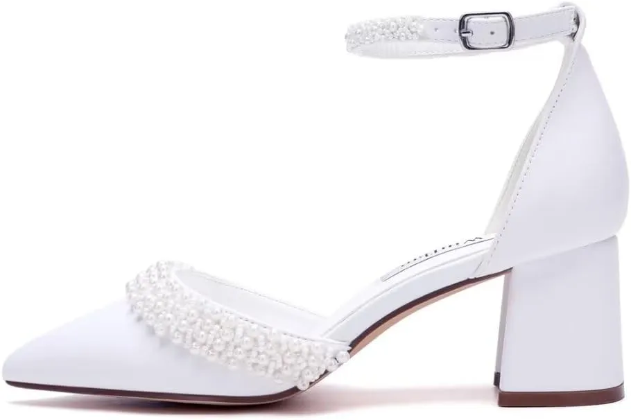 Block Heel Wedding Shoes for Bride Pointed Toe Pearl Heels Ankle Strap Wedding Heels Bridal Shoes