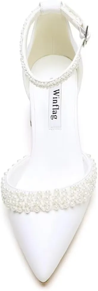 Block Heel Wedding Shoes for Bride Pointed Toe Pearl Heels Ankle Strap Wedding Heels Bridal Shoes