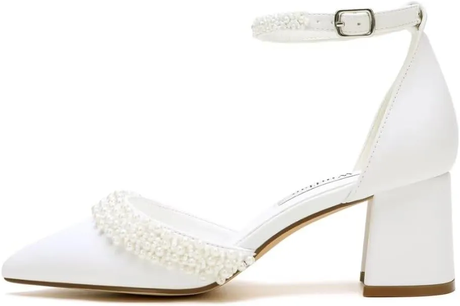 Block Heel Wedding Shoes for Bride Pointed Toe Pearl Heels Ankle Strap Wedding Heels Bridal Shoes