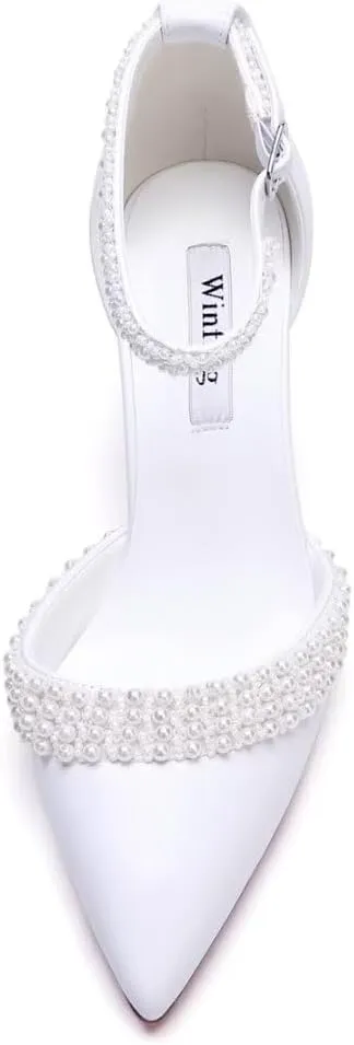 Block Heel Wedding Shoes for Bride Pointed Toe Pearl Heels Ankle Strap Wedding Heels Bridal Shoes