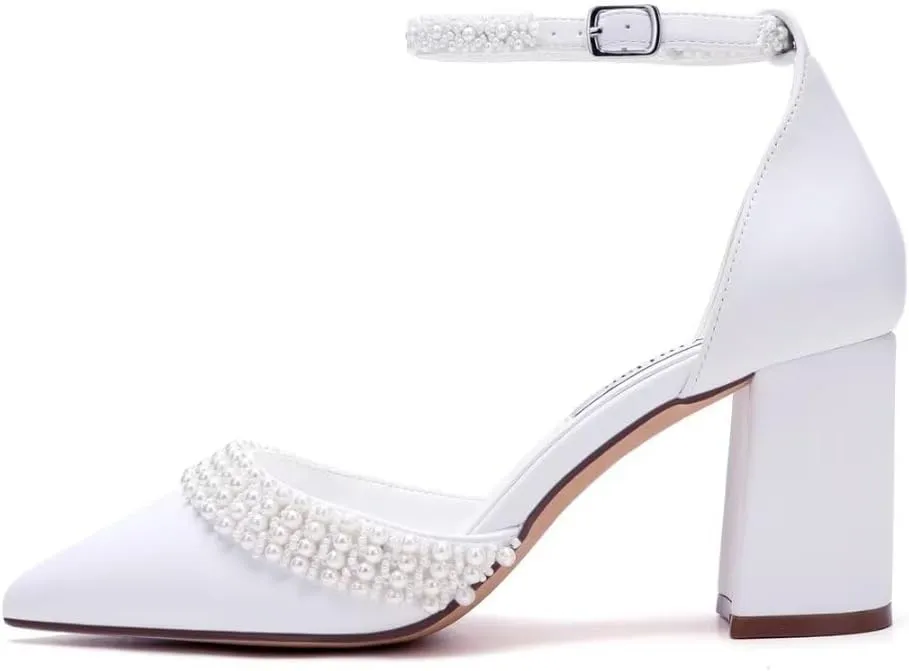 Block Heel Wedding Shoes for Bride Pointed Toe Pearl Heels Ankle Strap Wedding Heels Bridal Shoes