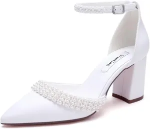Block Heel Wedding Shoes for Bride Pointed Toe Pearl Heels Ankle Strap Wedding Heels Bridal Shoes