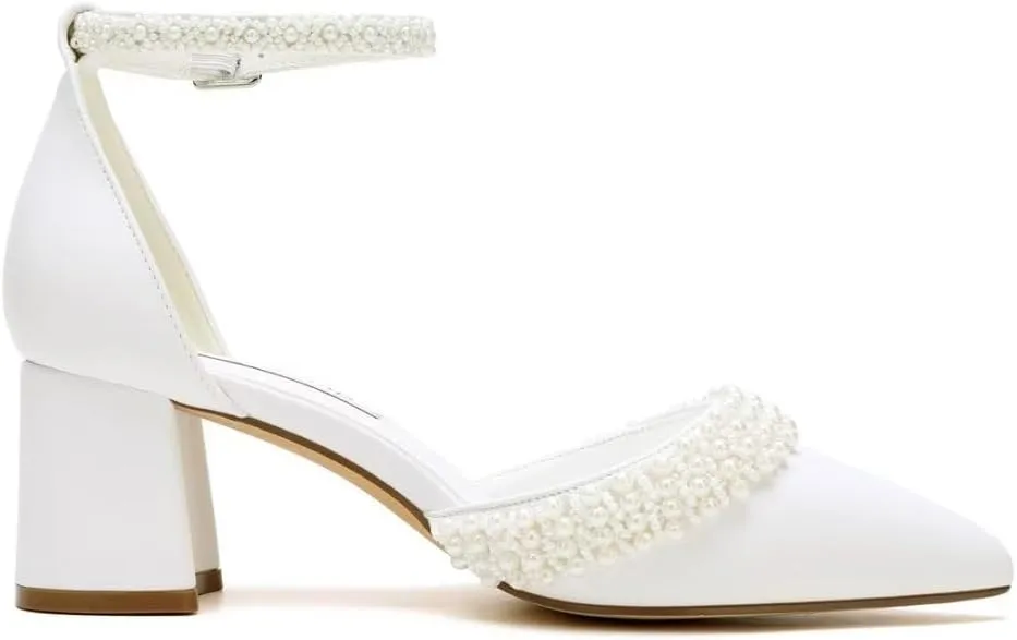Block Heel Wedding Shoes for Bride Pointed Toe Pearl Heels Ankle Strap Wedding Heels Bridal Shoes