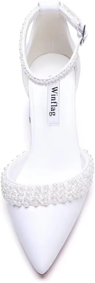 Block Heel Wedding Shoes for Bride Pointed Toe Pearl Heels Ankle Strap Wedding Heels Bridal Shoes