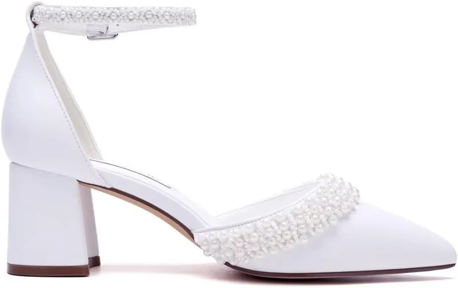 Block Heel Wedding Shoes for Bride Pointed Toe Pearl Heels Ankle Strap Wedding Heels Bridal Shoes