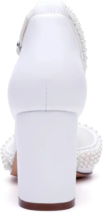 Block Heel Wedding Shoes for Bride Pointed Toe Pearl Heels Ankle Strap Wedding Heels Bridal Shoes