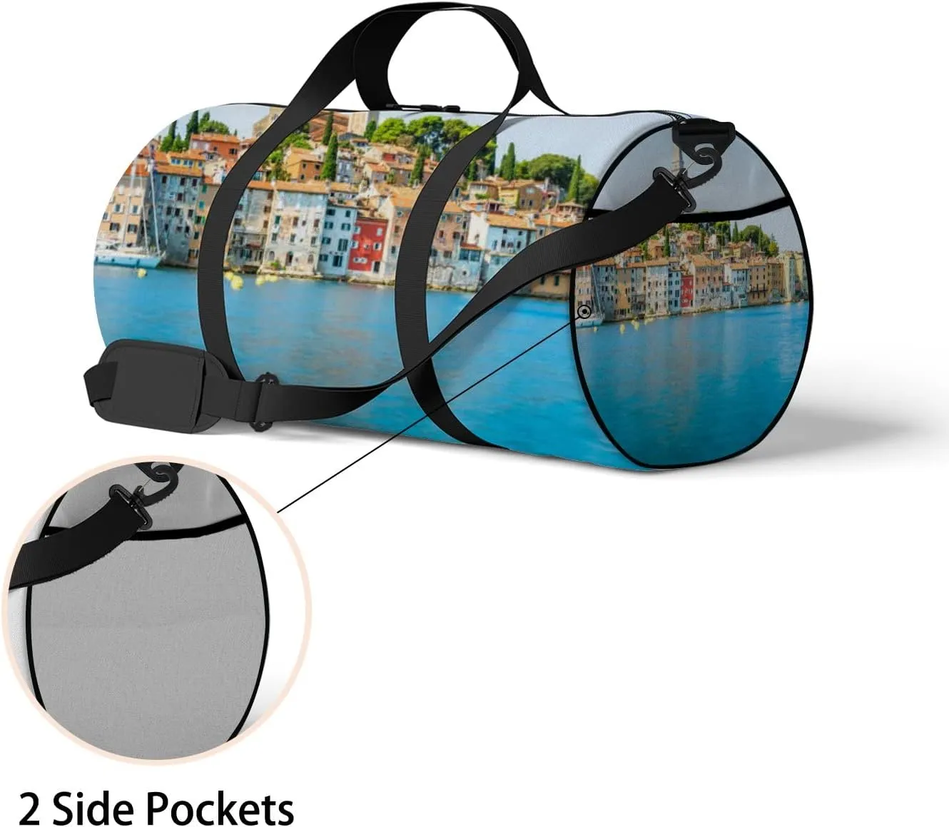 Blue Beautiful City Rovinj Croatia Region Sports Bag Tote Bag Waterproof Gym Bag with Shoulder Strap Zipper 2 Side Pockets for Men and Women, Travel and Storage Shoulder Bag.