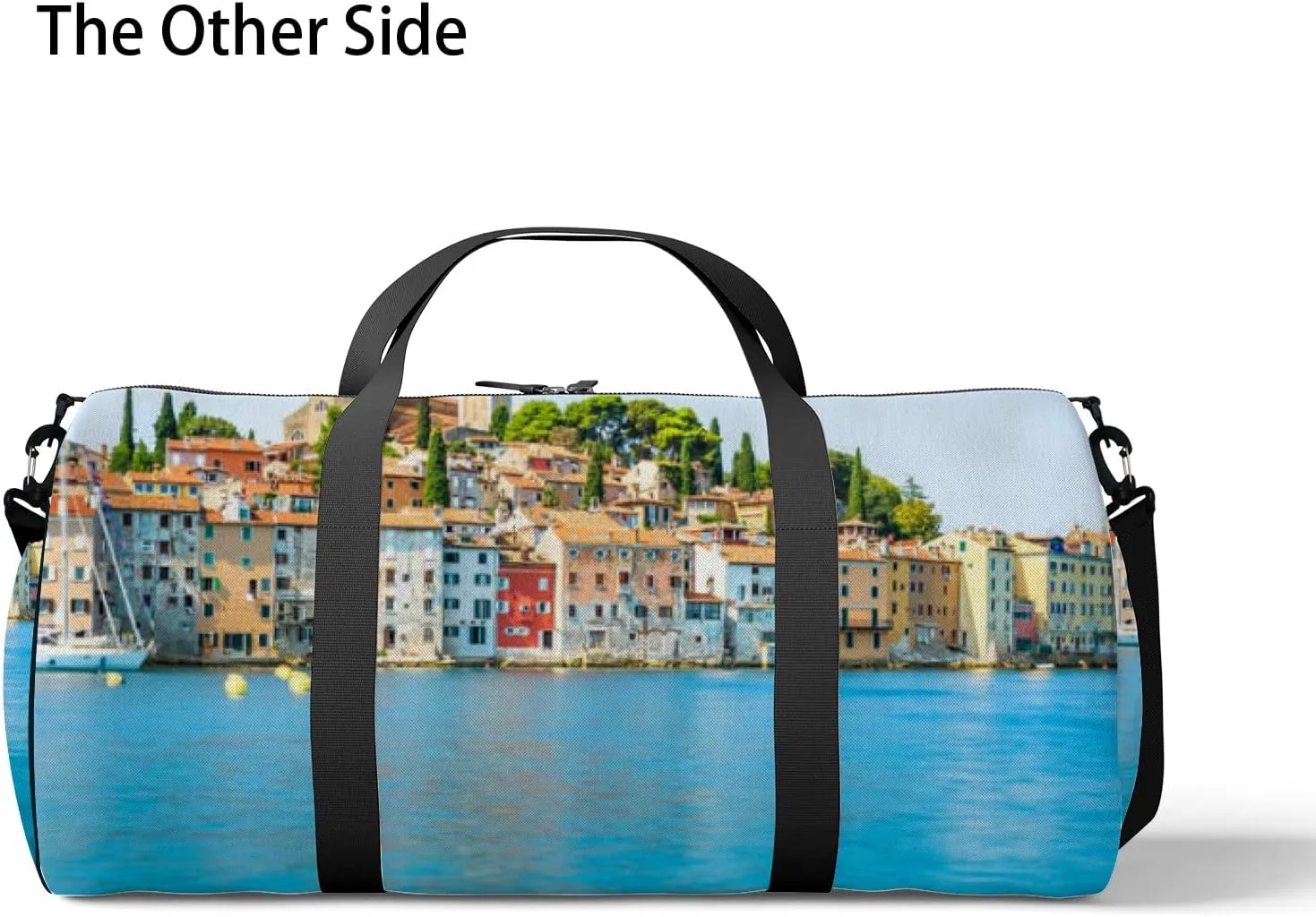 Blue Beautiful City Rovinj Croatia Region Sports Bag Tote Bag Waterproof Gym Bag with Shoulder Strap Zipper 2 Side Pockets for Men and Women, Travel and Storage Shoulder Bag.