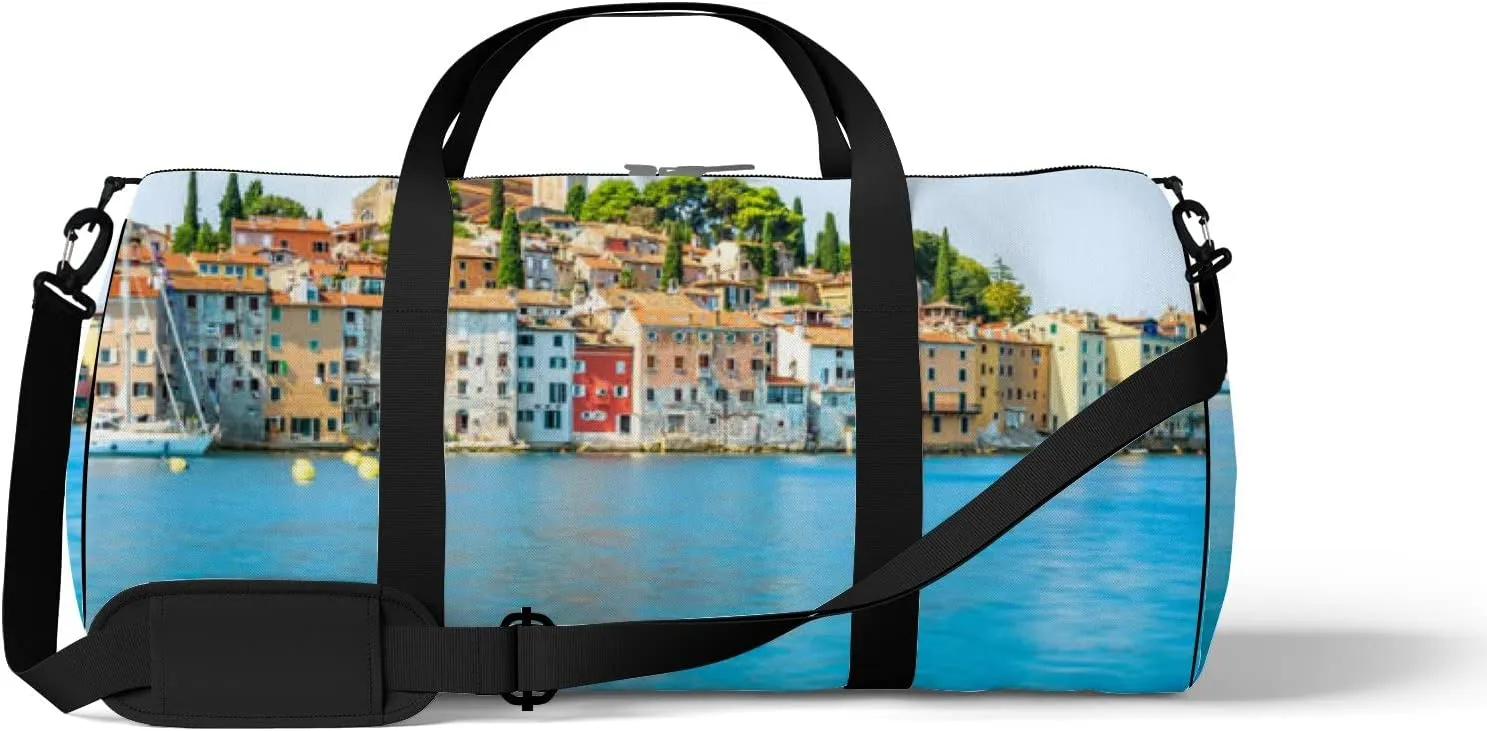 Blue Beautiful City Rovinj Croatia Region Sports Bag Tote Bag Waterproof Gym Bag with Shoulder Strap Zipper 2 Side Pockets for Men and Women, Travel and Storage Shoulder Bag.