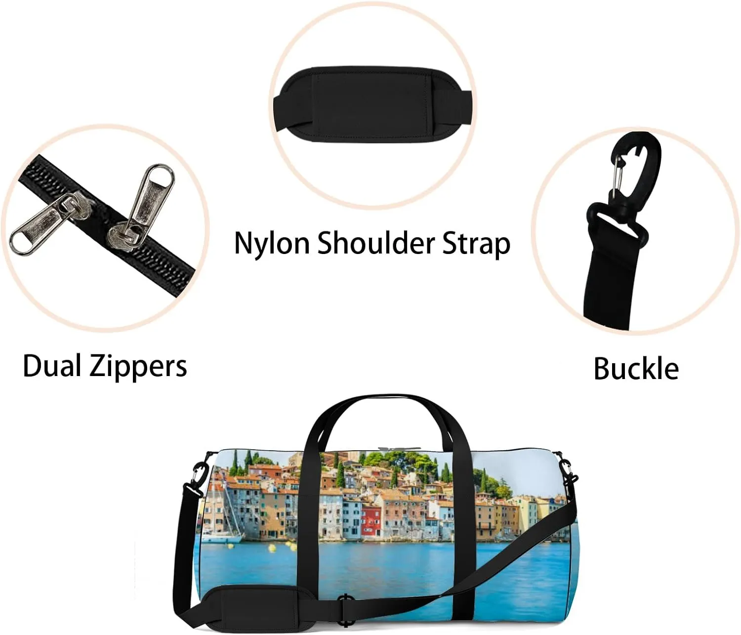 Blue Beautiful City Rovinj Croatia Region Sports Bag Tote Bag Waterproof Gym Bag with Shoulder Strap Zipper 2 Side Pockets for Men and Women, Travel and Storage Shoulder Bag.
