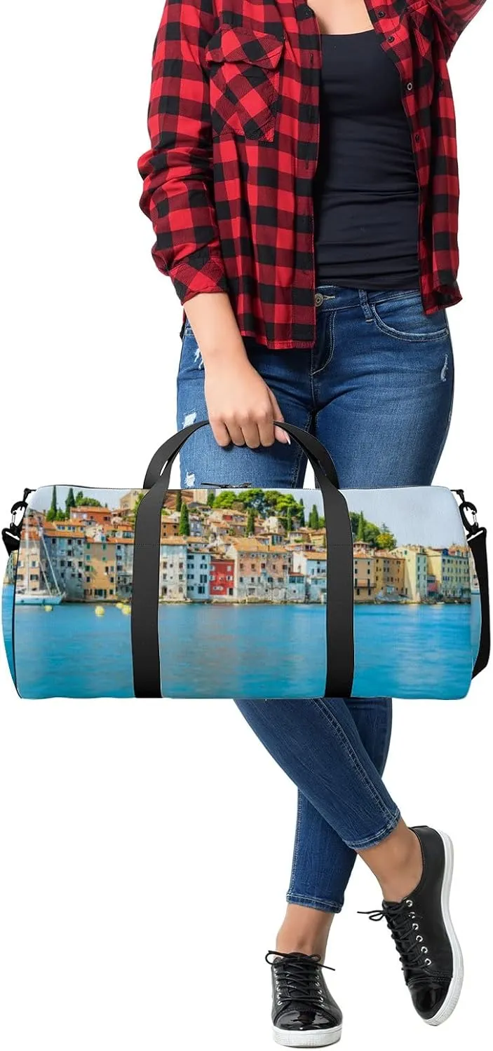 Blue Beautiful City Rovinj Croatia Region Sports Bag Tote Bag Waterproof Gym Bag with Shoulder Strap Zipper 2 Side Pockets for Men and Women, Travel and Storage Shoulder Bag.