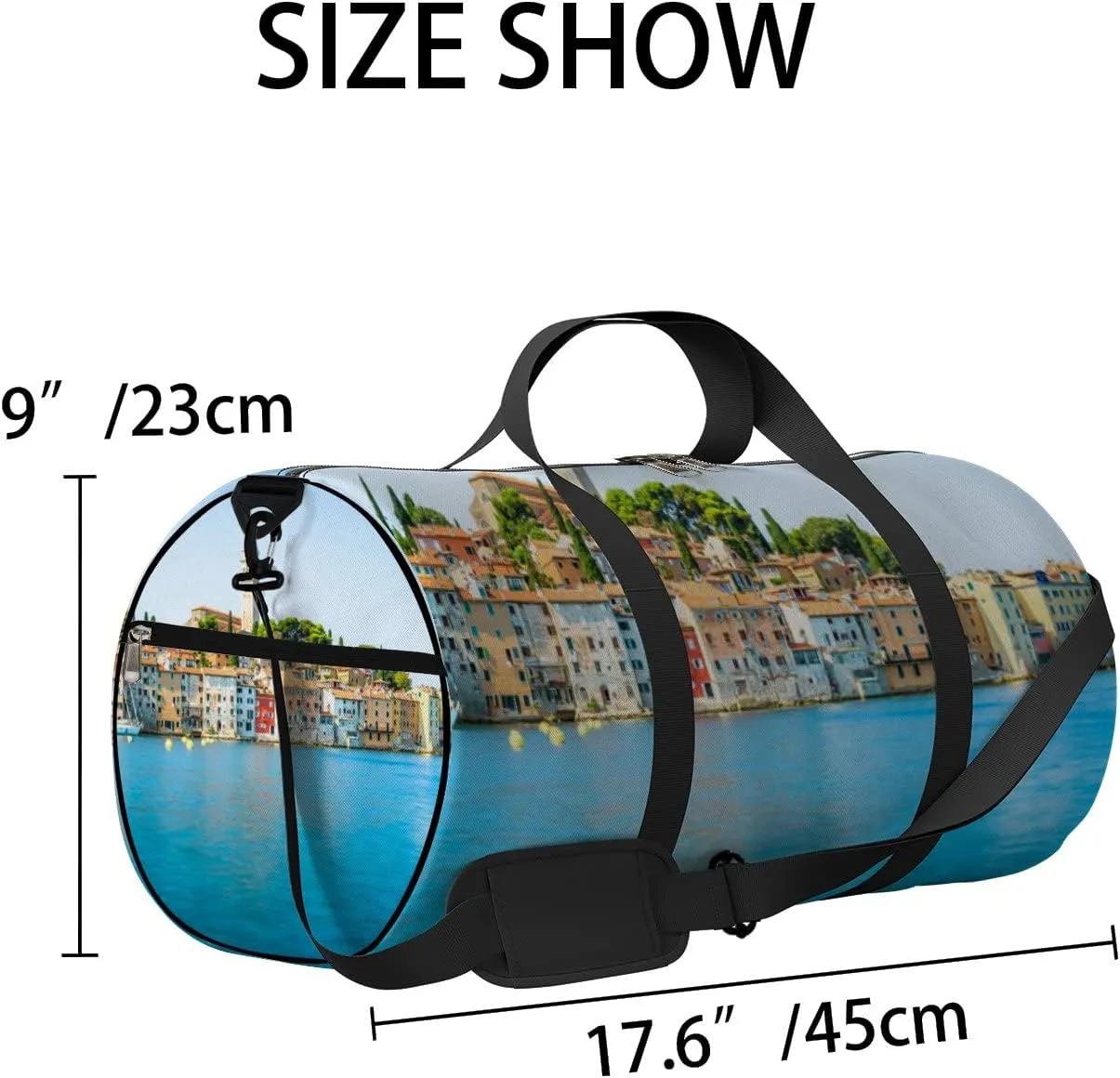 Blue Beautiful City Rovinj Croatia Region Sports Bag Tote Bag Waterproof Gym Bag with Shoulder Strap Zipper 2 Side Pockets for Men and Women, Travel and Storage Shoulder Bag.