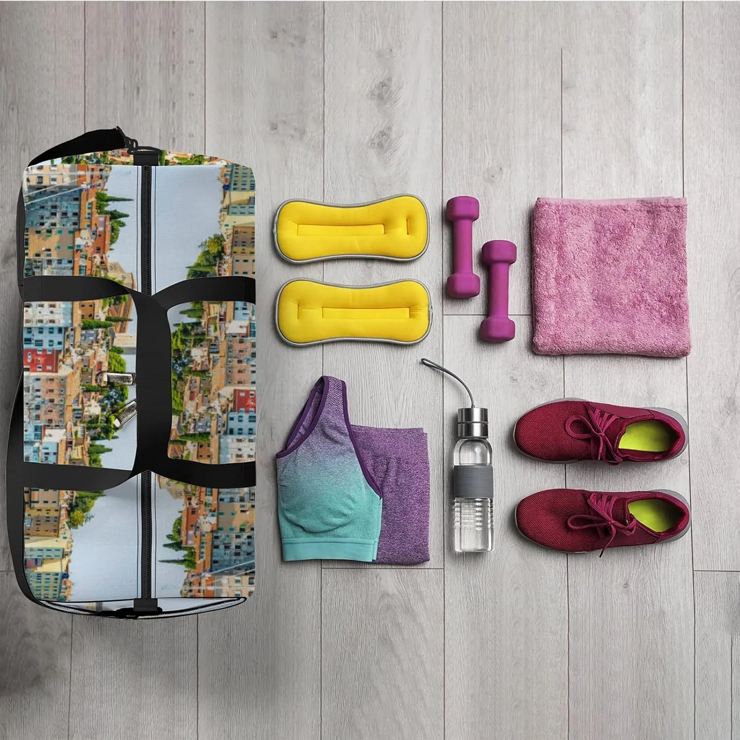 Blue Beautiful City Rovinj Croatia Region Sports Bag Tote Bag Waterproof Gym Bag with Shoulder Strap Zipper 2 Side Pockets for Men and Women, Travel and Storage Shoulder Bag.