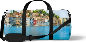 Blue Beautiful City Rovinj Croatia Region Sports Bag Tote Bag Waterproof Gym Bag with Shoulder Strap Zipper 2 Side Pockets for Men and Women, Travel and Storage Shoulder Bag.