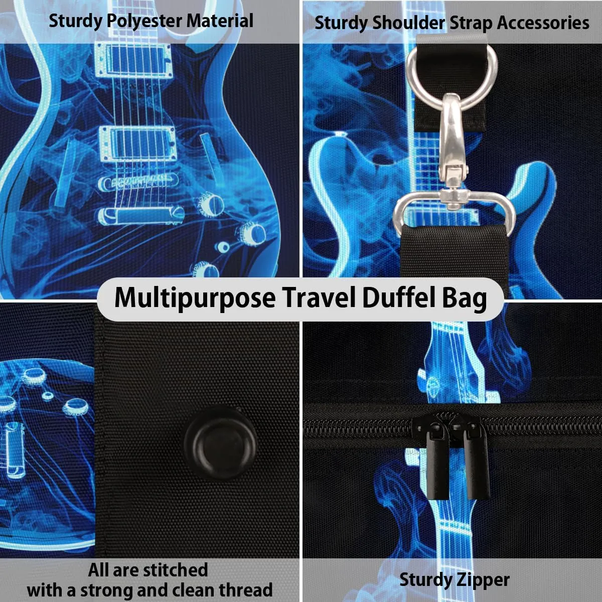 Blue Flame Guitar Travel Duffle Bag for Women Men Gym Duffel Foldable Bag Waterproof Weekender Musical Duffle Tote