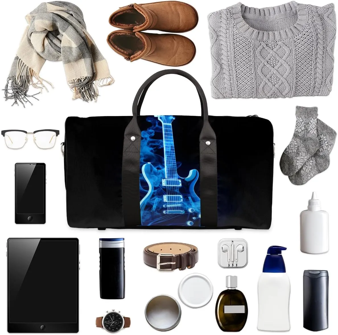 Blue Flame Guitar Travel Duffle Bag for Women Men Gym Duffel Foldable Bag Waterproof Weekender Musical Duffle Tote