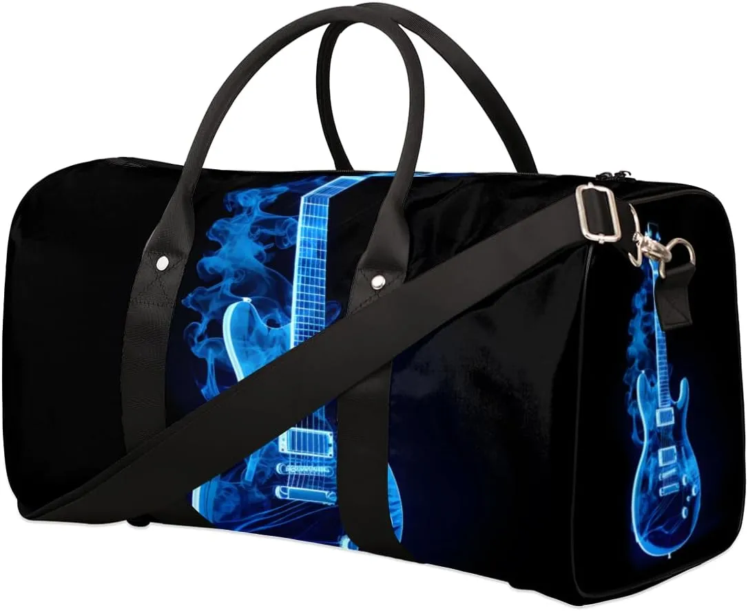 Blue Flame Guitar Travel Duffle Bag for Women Men Gym Duffel Foldable Bag Waterproof Weekender Musical Duffle Tote